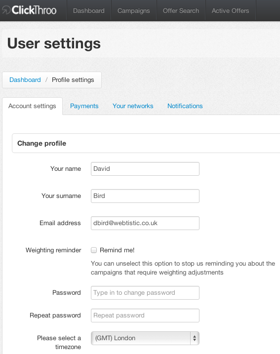 Clickthroo • Profile settings